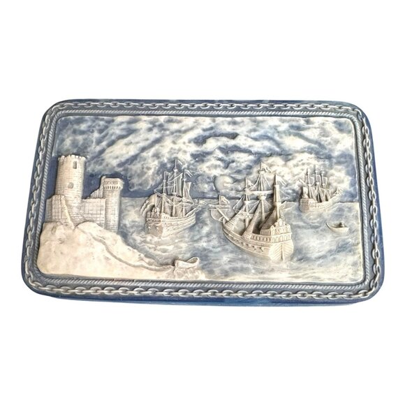 Vintage Incolay Stone Nautical Keepsake Box Castle Maritime Scene Pirate Storage - Picture 1 of 13